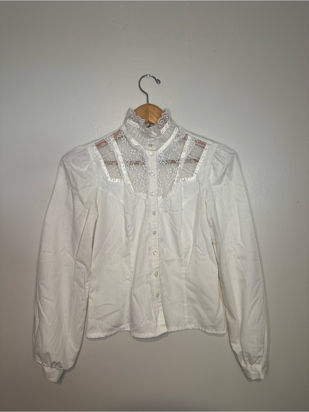 Gunne Sax Vintage White Button Up Long Sleeve Lace Details Prairie Victorian S